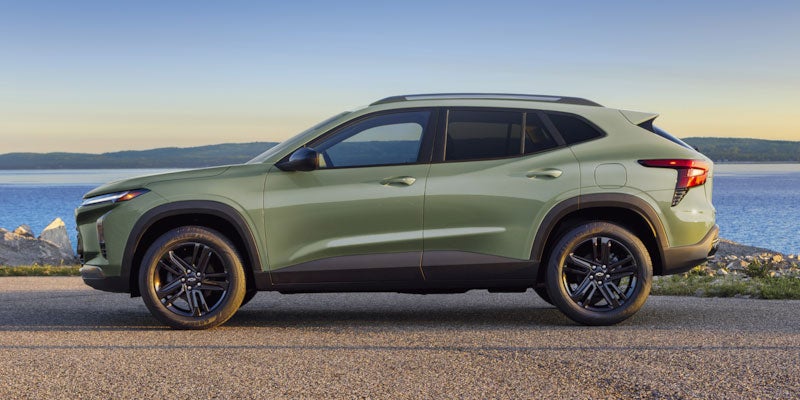 Light green SUV with black wheels parked by a scenic lake or ocean with mountains in the background.