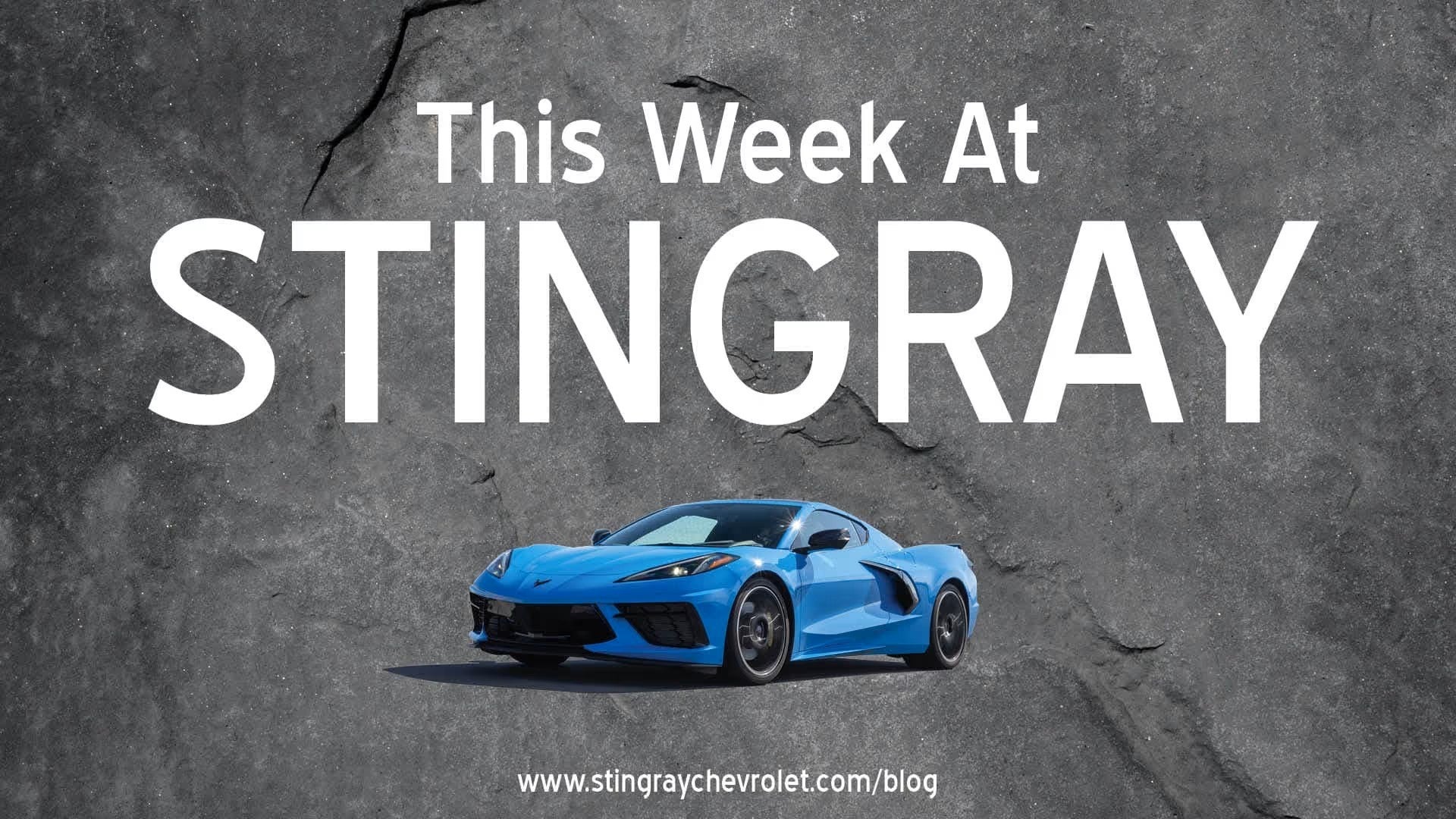 Promotional banner featuring a blue Chevrolet Corvette Stingray on a gray textured background